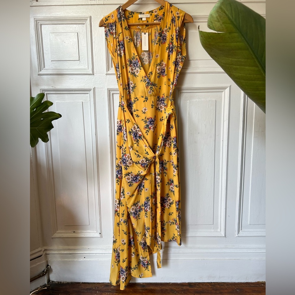 Yumi Kim yellow floral printed flowy wrap wrap dress (NWT, from Anthropologie)